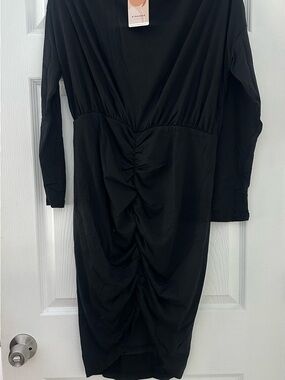 Black Ruched Long-Sleeve Midi Dress